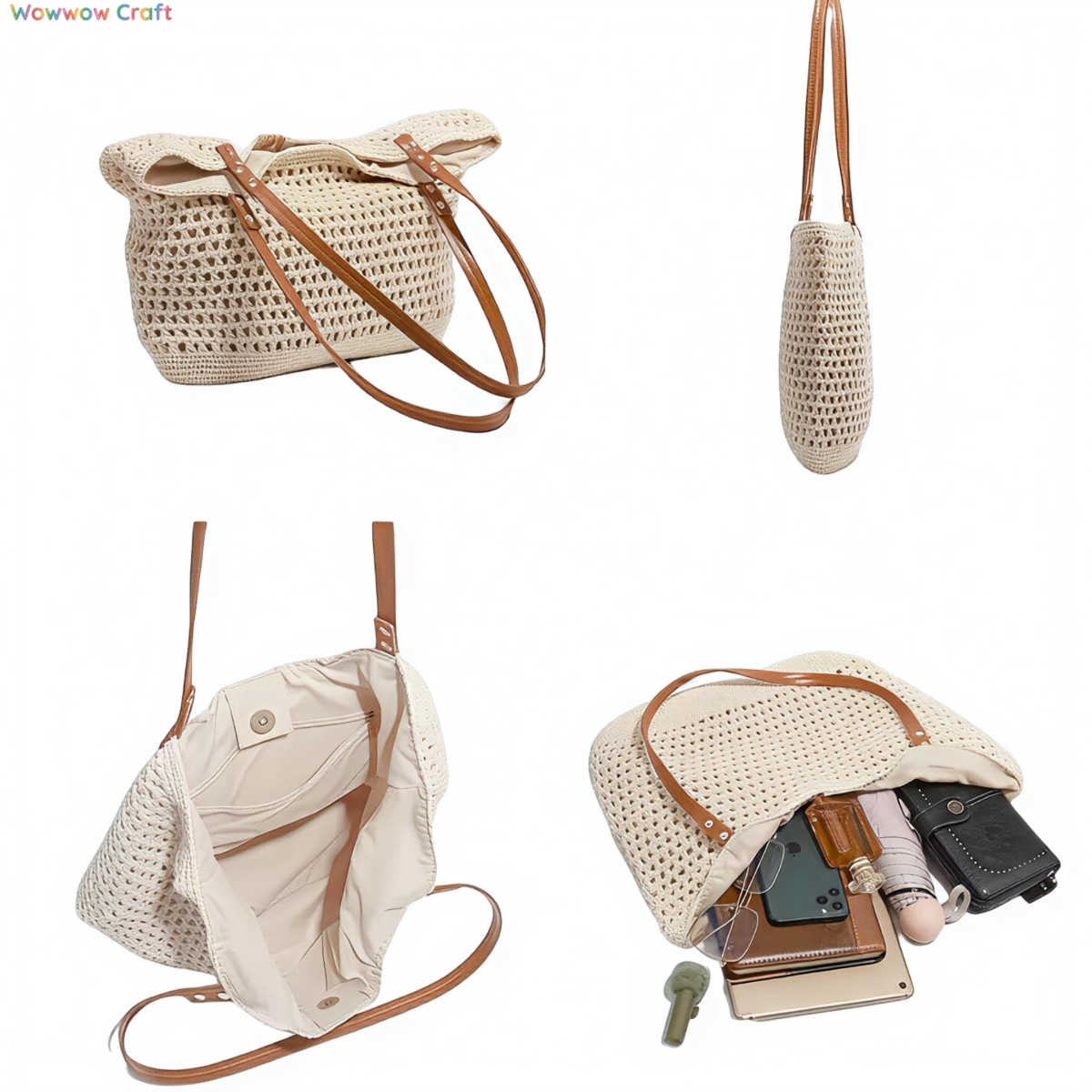 Crochet Bags,Crossbodies,Shoulder Bags,Crocheted shoulder bag with brown leather straps - Beach Crochet Bags